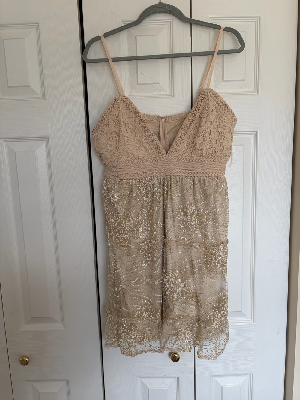 Beaded Lace Mini Dress in Nude